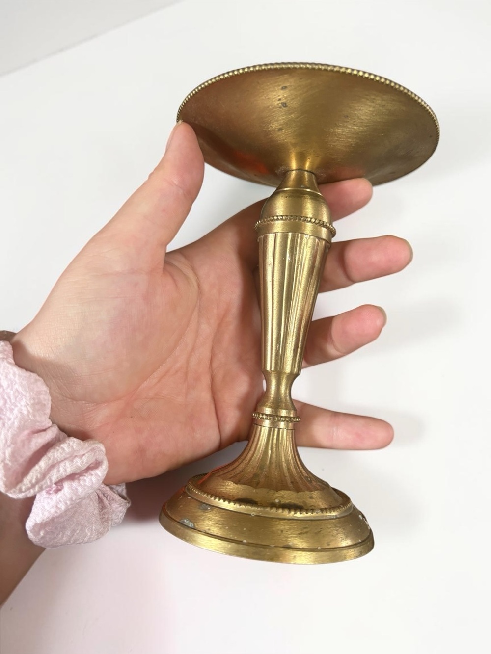 Vintage Solid Brass Pedestal Candle Holder Pricket Fluted Beaded 7"
